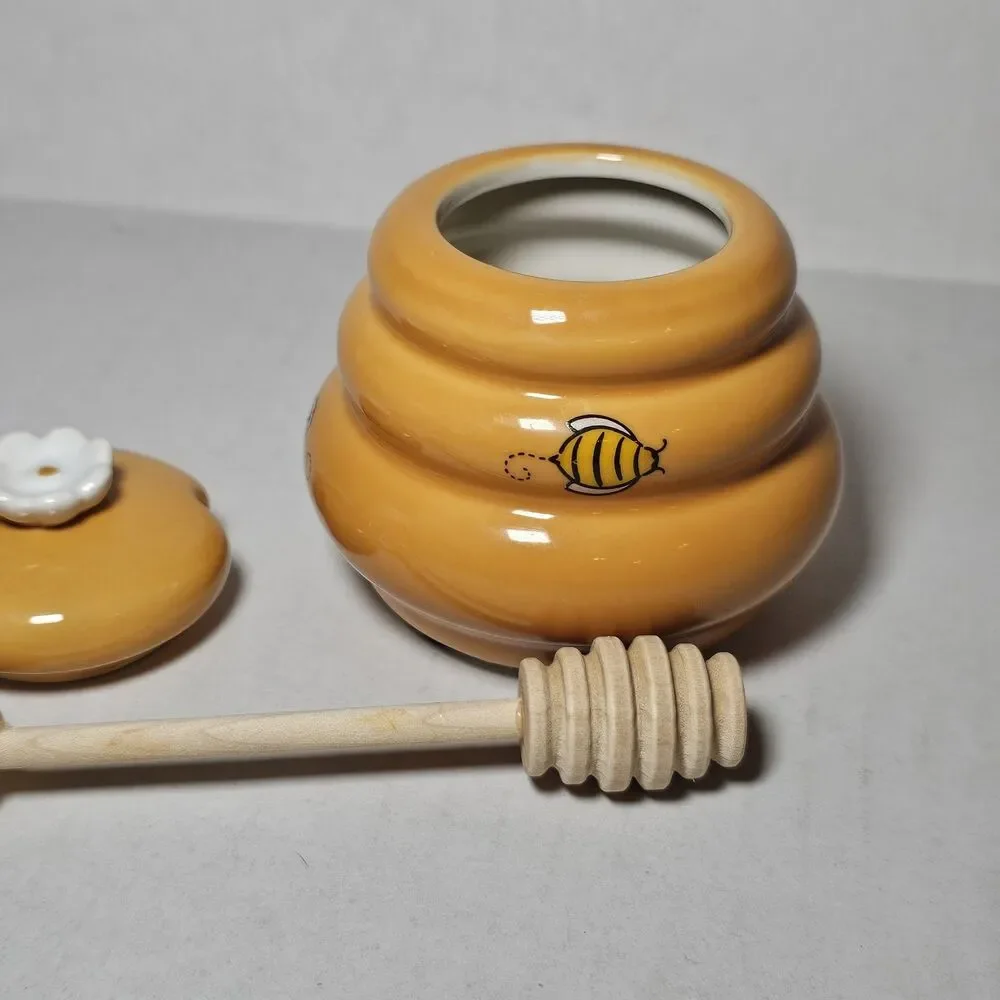 Mini Honey Pot Ceramic Jar & Wood Dipper Beehive with Bee Honey Miel